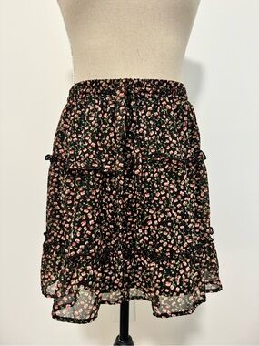 Sienna Sky Black Pink Floral Ruffle Tie Mini Skirt Size Small